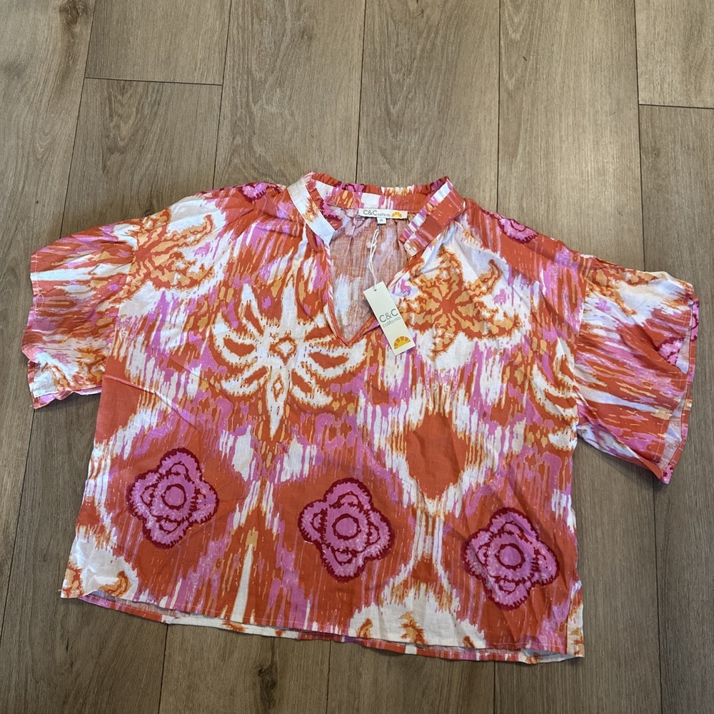 C&C California Women Orange Pink Ikat Linen Blend Flutter Sleeve Blouseβ XL NWT